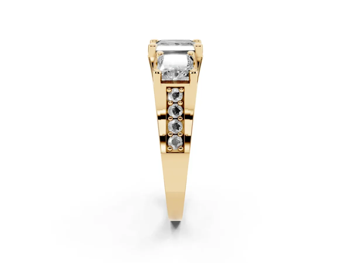 Fancy Black Princess Cut Diamond Three-Stone Ring with Channel Set Band and Four-Prong Setting Yellow gold