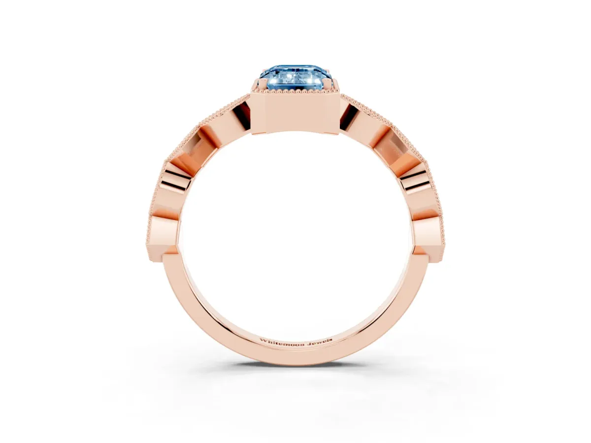 Fancy Blue Emerald Cut Milgrain Marquise Diamond Twist Band Ring Rose gold