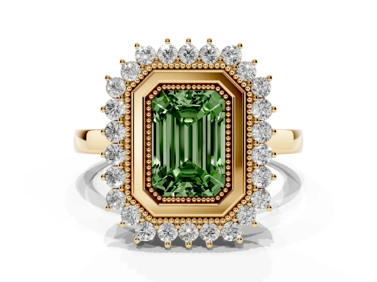 Fancy Green Emerald Cut Halo Diamond Ring with Milgrain Edge and Round Prong Setting Yellow gold