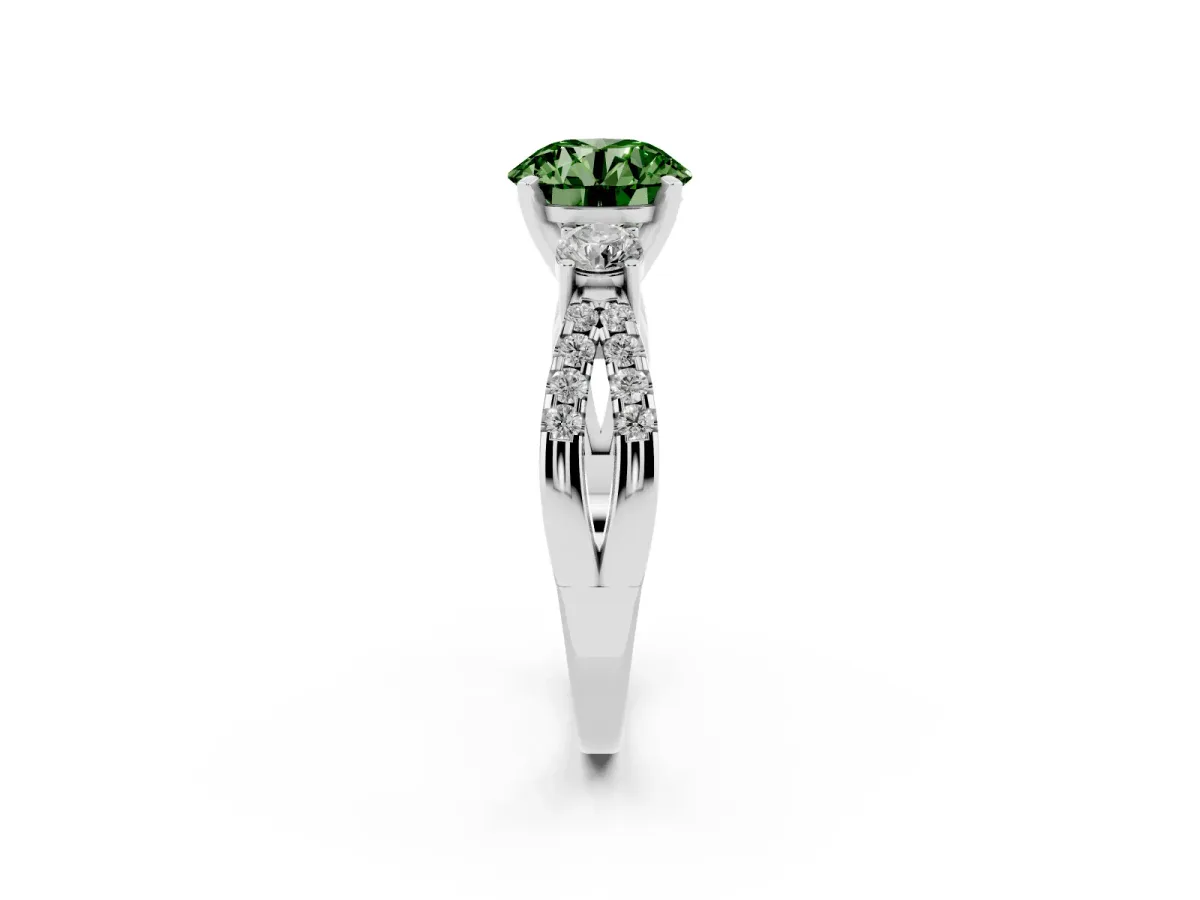 Fancy Green Round Cut Diamond Three-Stone Ring with Pavé Split Shank and Four-Prong Setting White gold