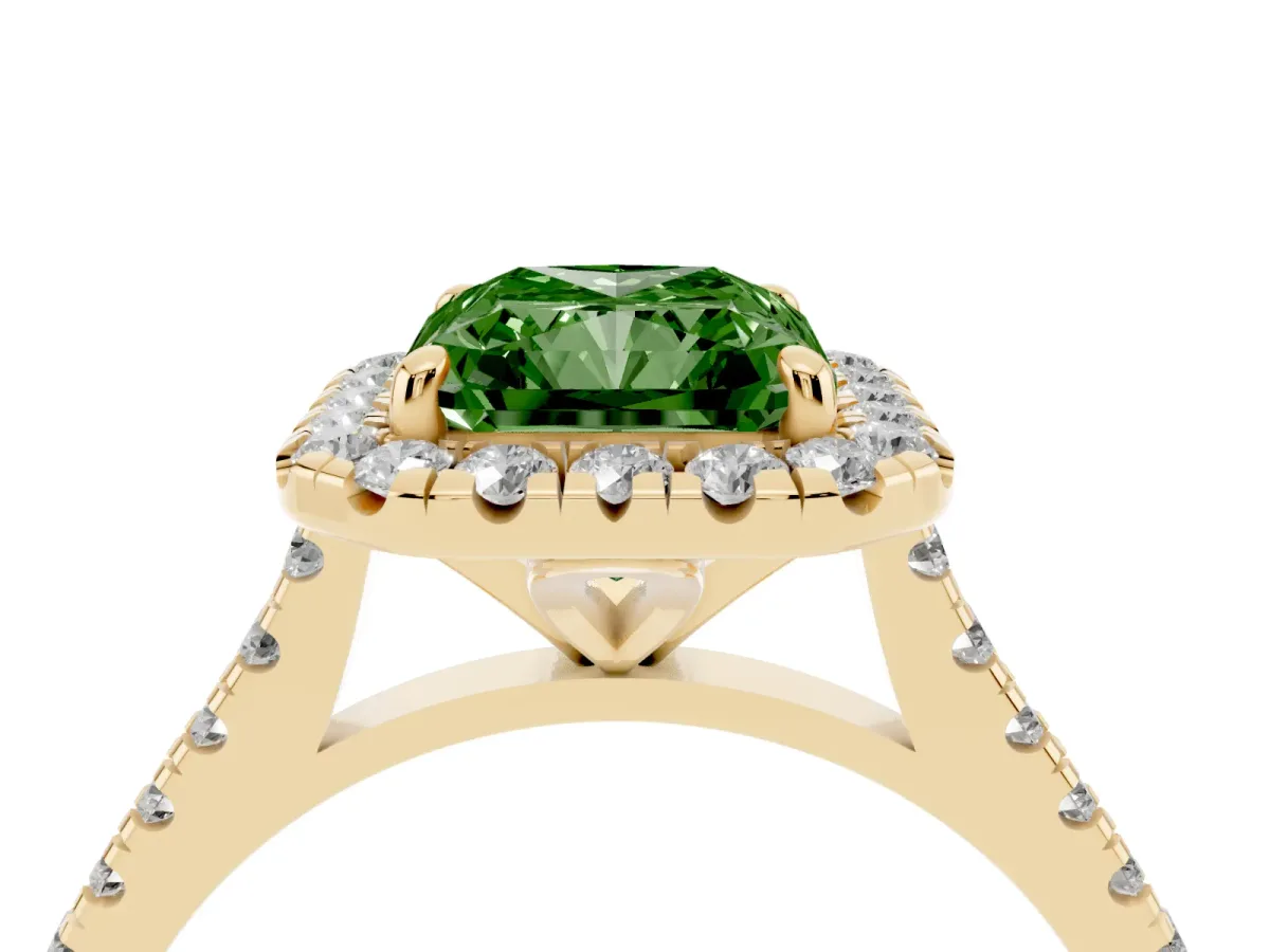 Fancy Green Radiant Cut Diamond Cushion Halo Ring with Pavé Band Yellow gold