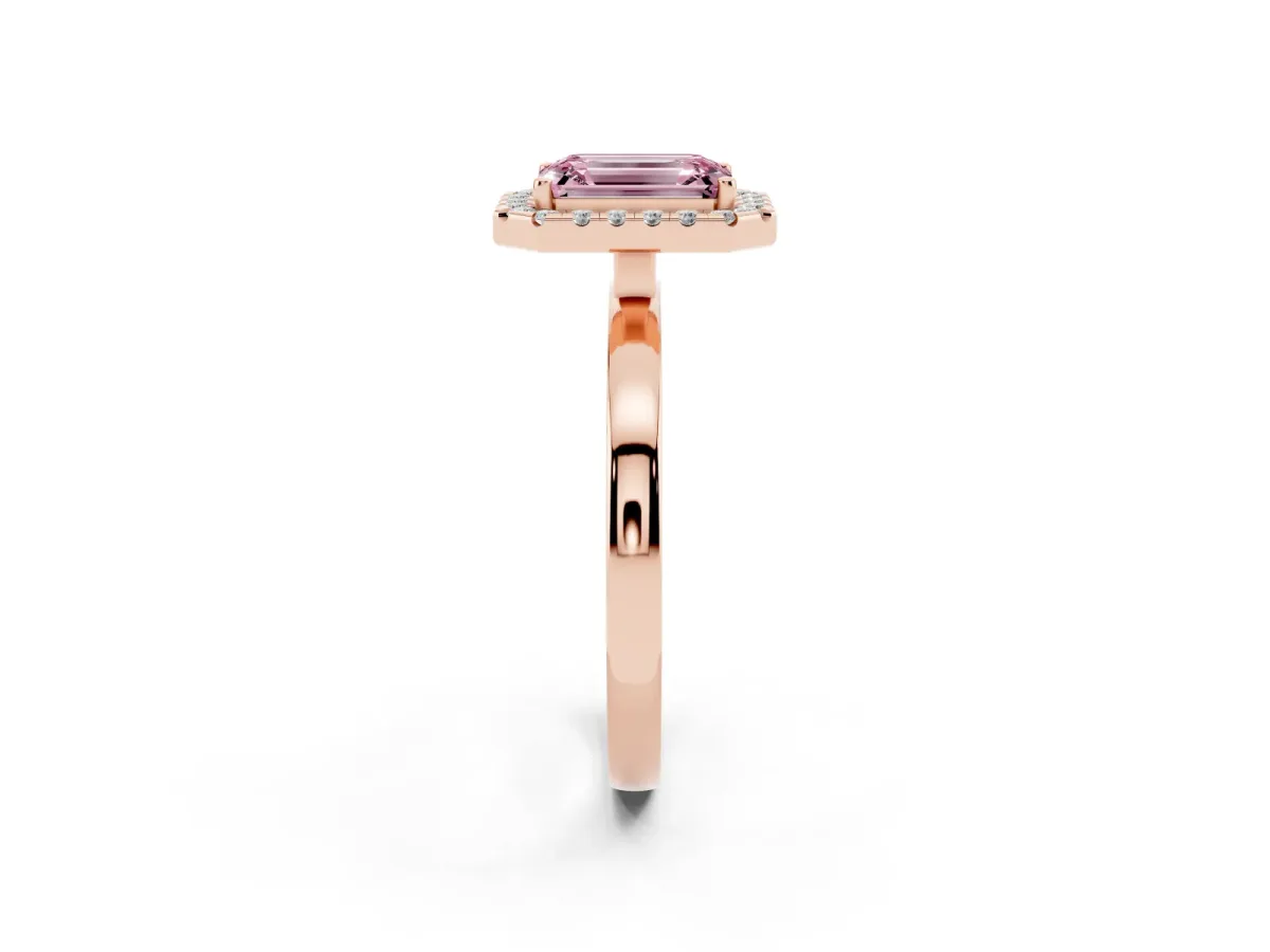 Fancy Pink Emerald Cut Halo Diamond Solitaire with Pavé Band and Four-Prong Setting Rose gold