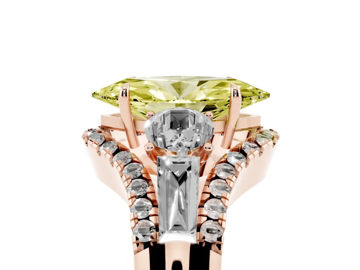 Fancy Yellow Three-Stone Marquise Cut Diamond Engagement Ring with Pave Band and Prong Setting Rose gold