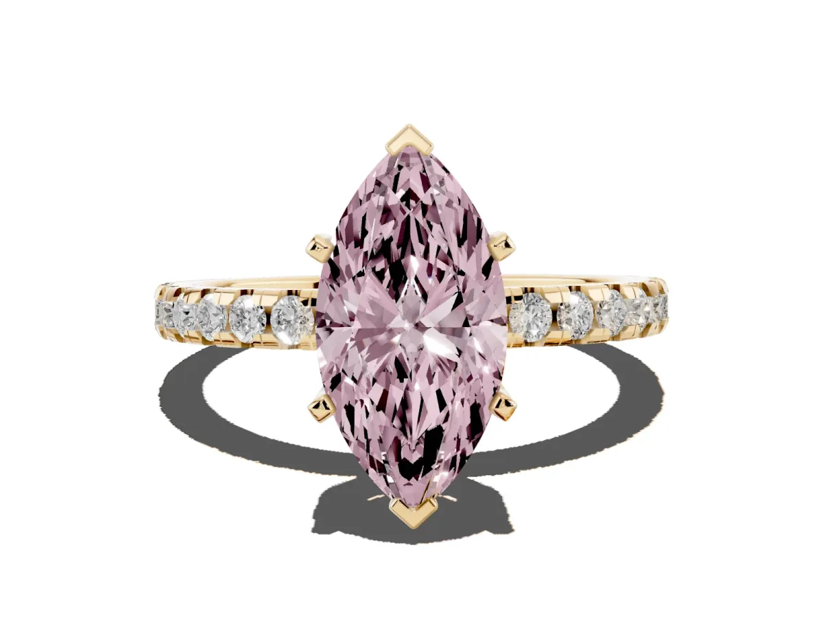 Fancy Pink Marquise Cut Diamond Solitaire Ring with Round Pavé Band and Four-Prong Setting Yellow gold