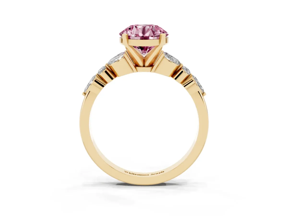 Fancy Pink Round Cut Diamond Solitaire Ring with Side Stones and Four-Prong Setting Yellow gold