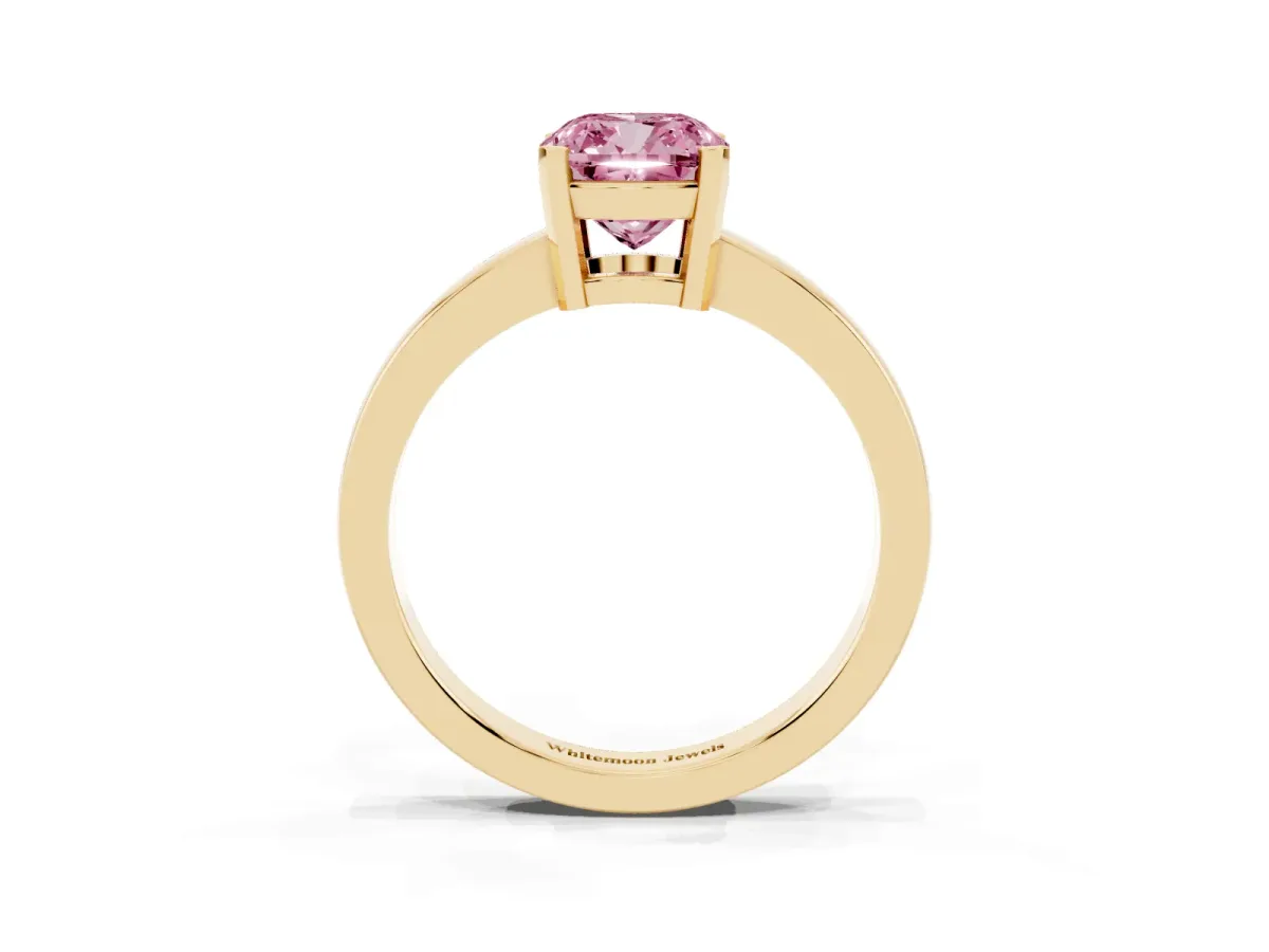Fancy Pink Cushion Cut Cut Solitaire Ring with Four-Prong Setting and Classic Band Yellow gold