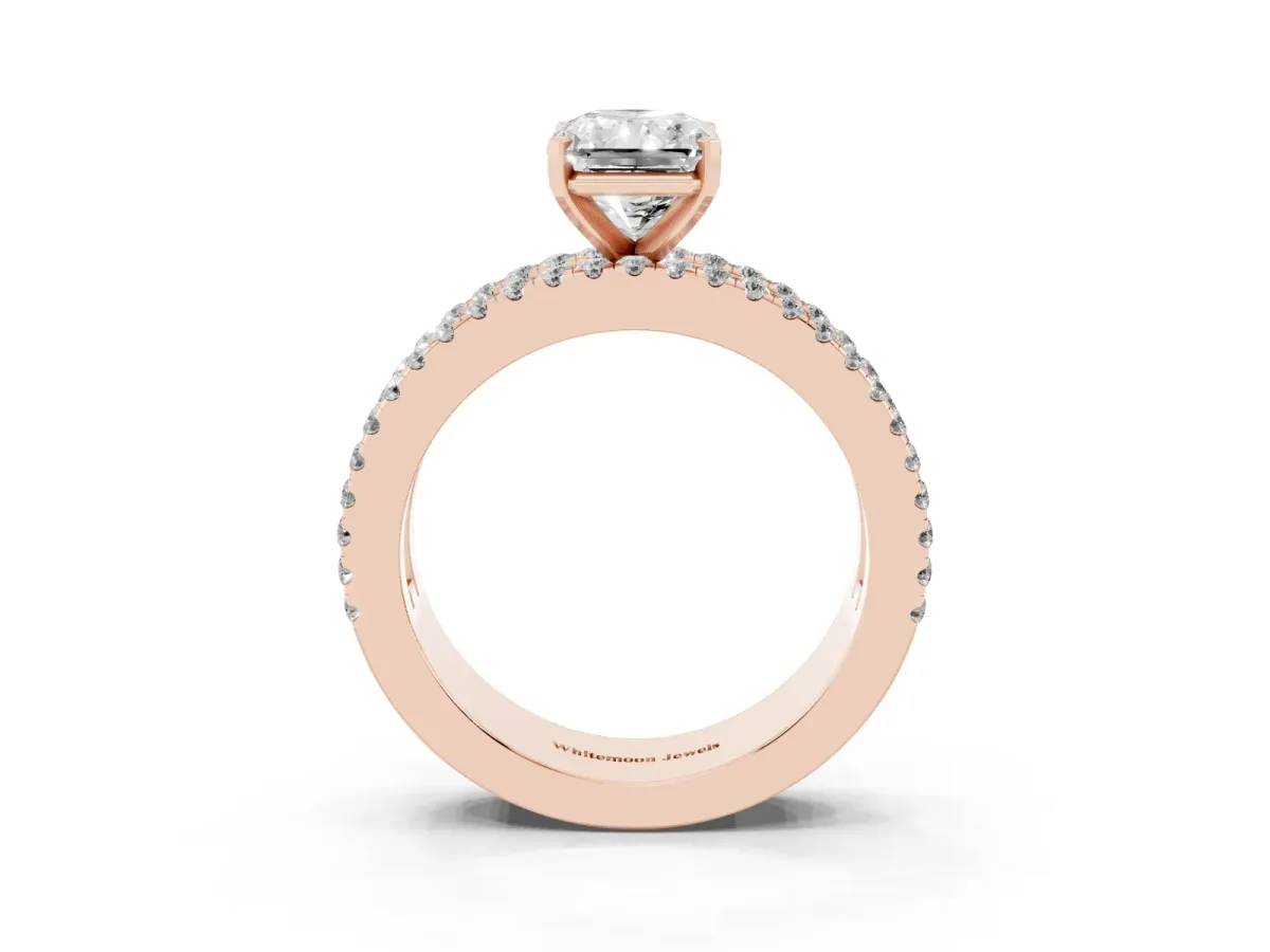 Radiant Cut Diamond Solitaire Ring with Pavé and Channel Set Band Rose gold