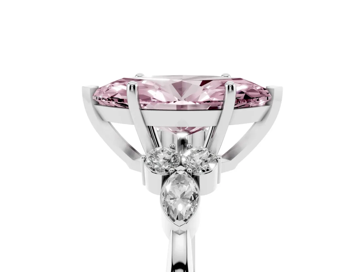 Fancy Pink Marquise Cut Brilliant Diamond Solitaire Ring with Pear Side Stones and Four-Prong Setting Silver