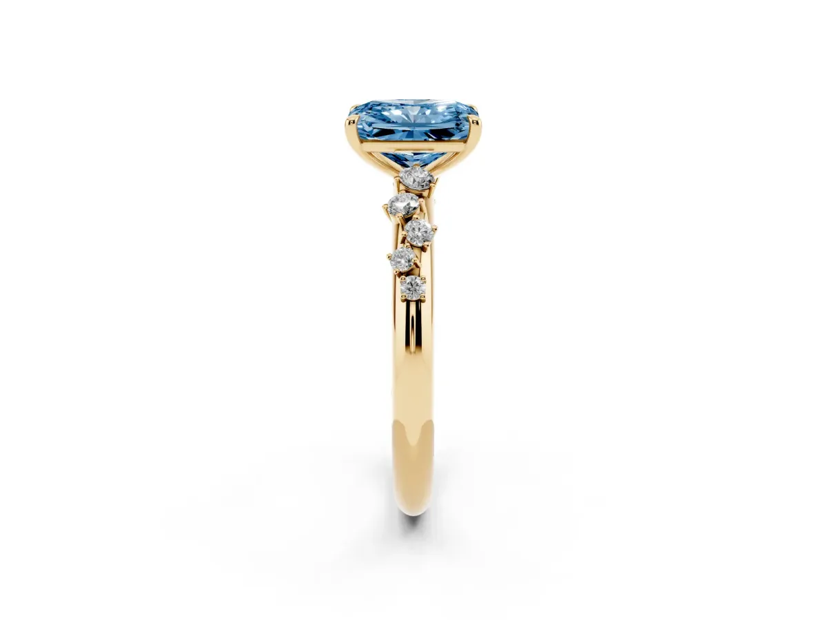 Fancy Blue Radiant Cut Diamond Cluster Prong-Set Solitaire Ring Yellow gold