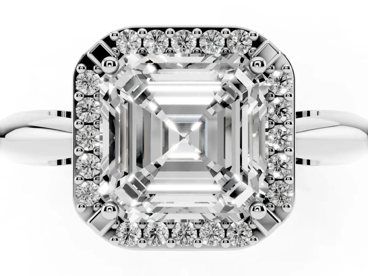 Asscher Cut Cut Diamond Halo Engagement Ring with Split Shank and Four-Prong Setting Silver