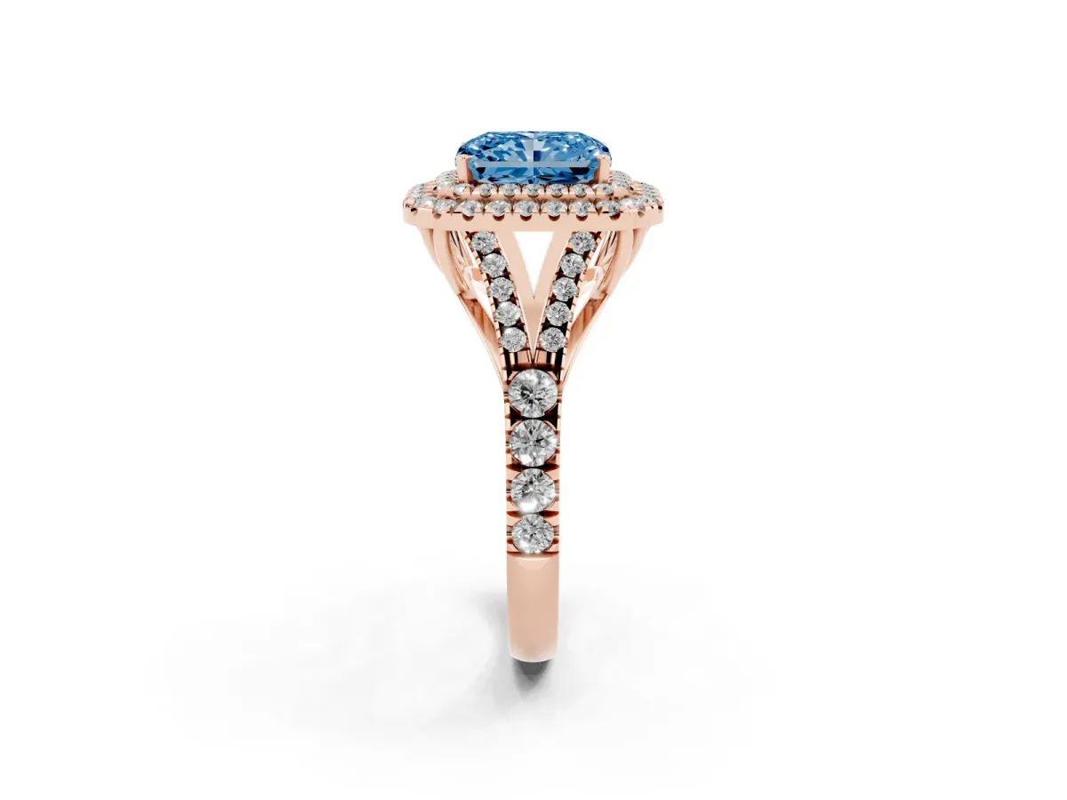 Fancy Blue Radiant Cut Diamond Pavé Split Shank Double Halo Engagement Ring Rose gold