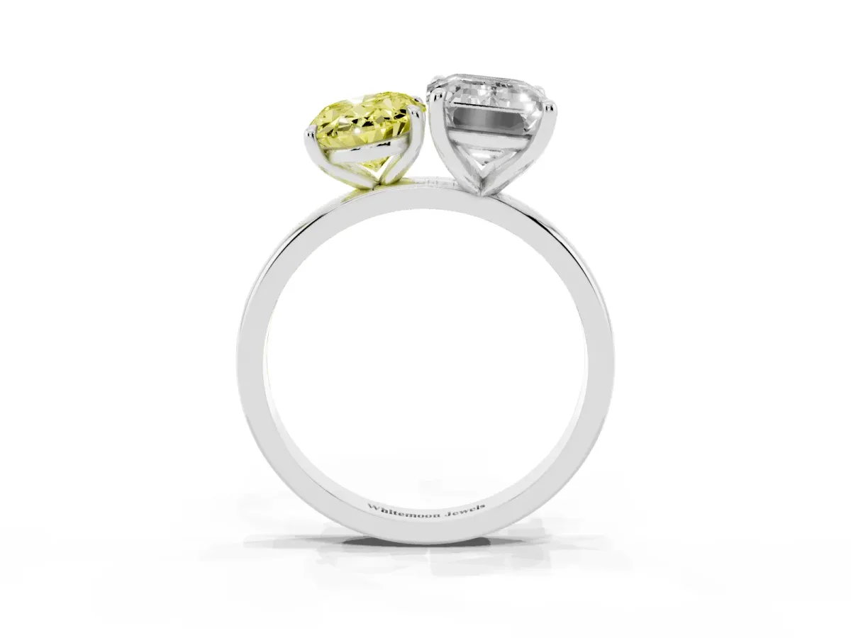 Fancy Yellow Oval Cut and Emerald Cut Toi Moi Ring with Prong Setting Platinum