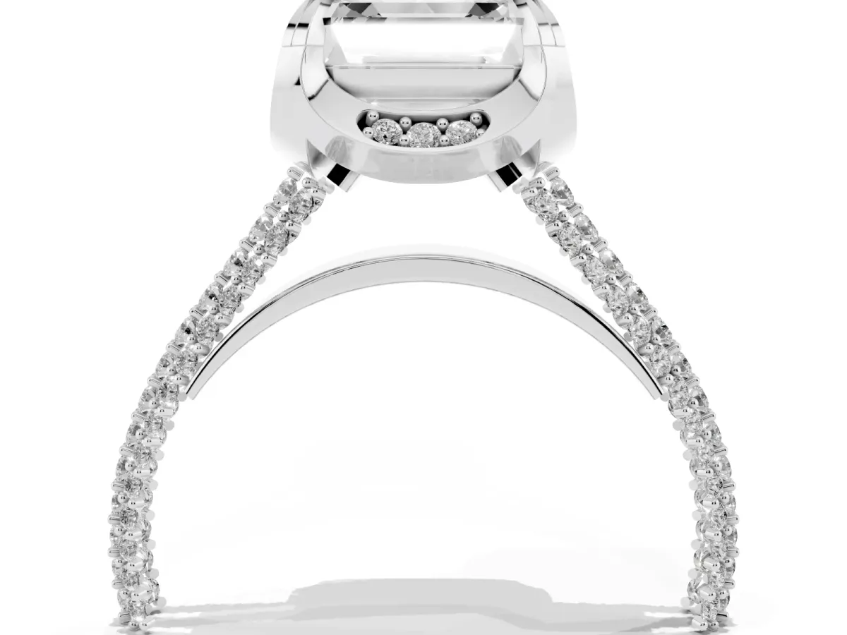 Asscher Cut Solitaire Pave Split Shank Ring with Four-Prong Setting Platinum