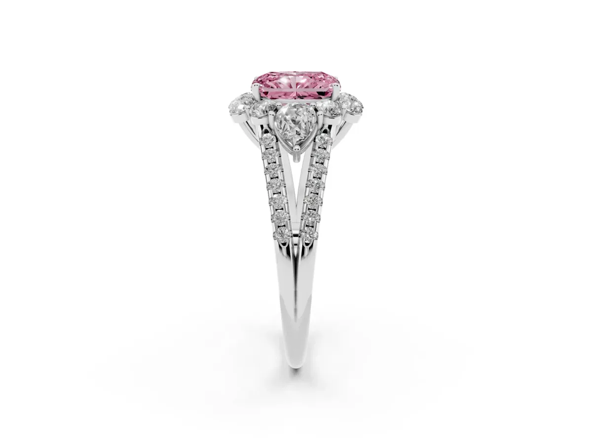 Fancy Pink Radiant Cut Halo Split Shank Diamond Engagement Ring with Prong Setting Silver