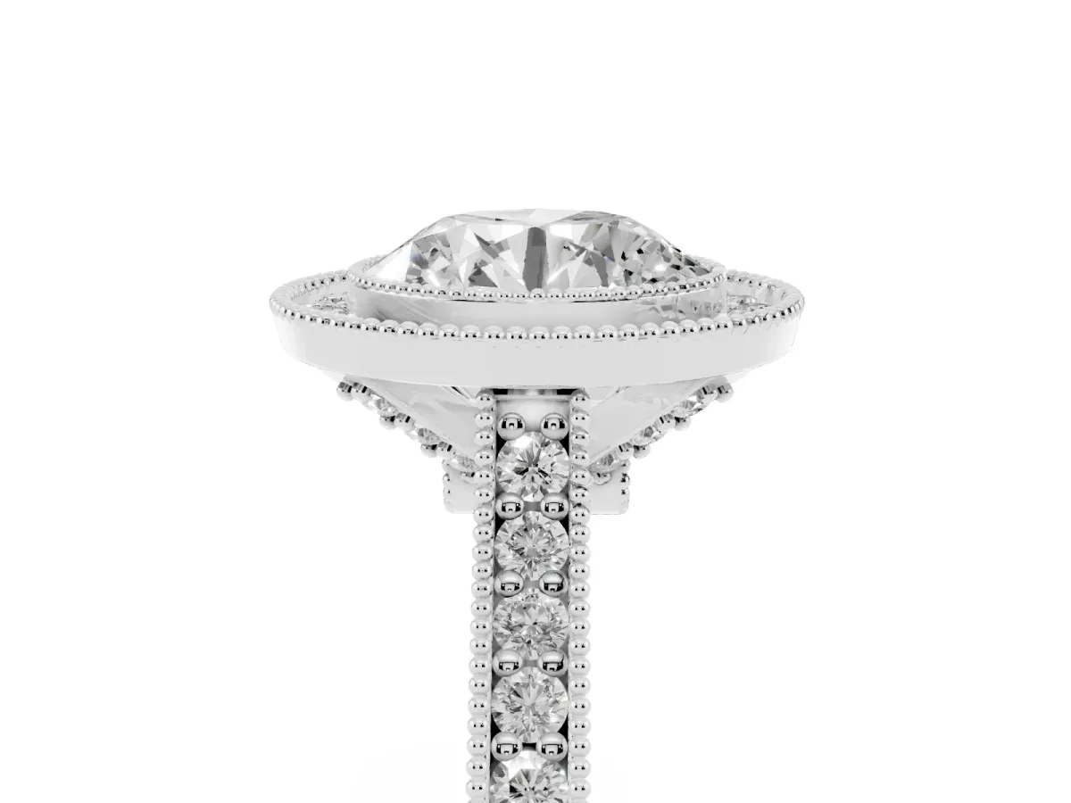 Halo Round Cut-Cut Diamond Pave Band Milgrain Prong Setting Ring Silver
