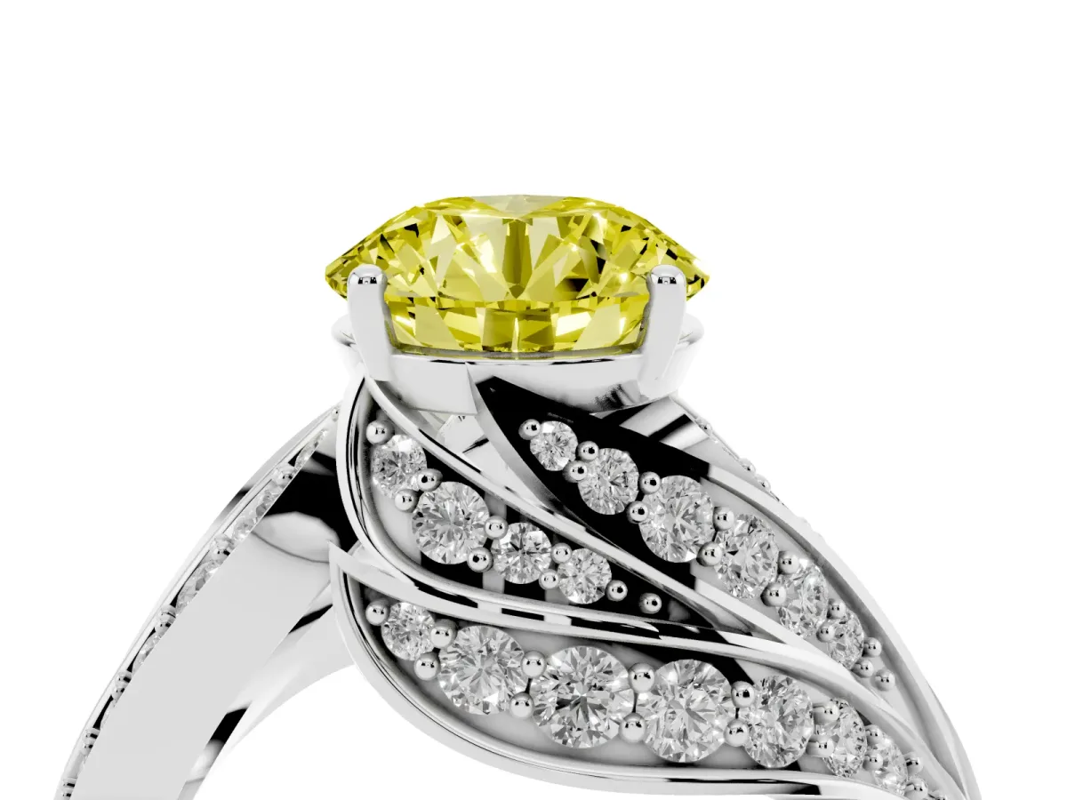 Fancy Yellow Round Cut Diamond Solitaire Ring with Prong Setting and Twisted Pavé Band Silver