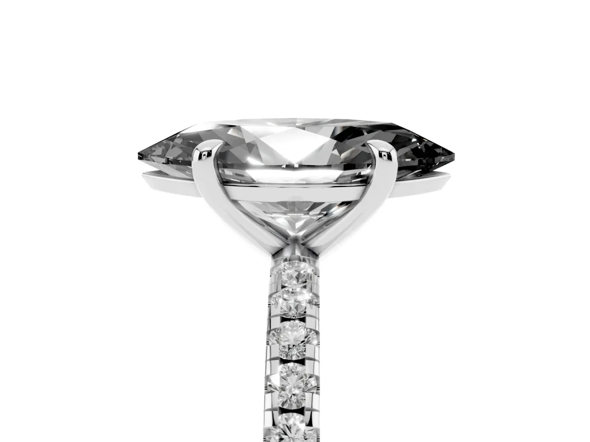 Fancy Black Marquise Cut Diamond Brilliant Solitaire Ring with Pavé Band and Four-Prong Setting Platinum