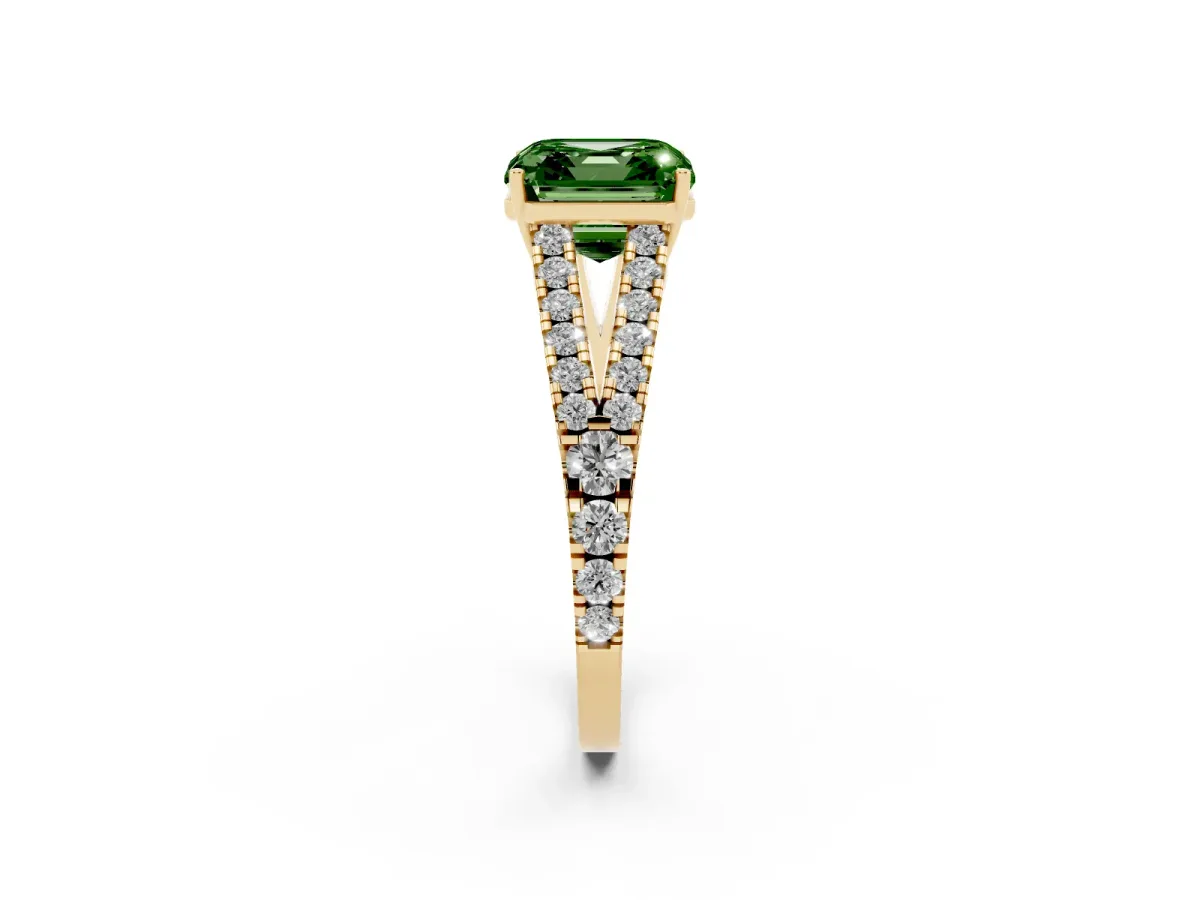 Fancy Green Asscher Cut Diamond Split Shank Engagement Ring with Round Pavé and Prong Setting Yellow gold