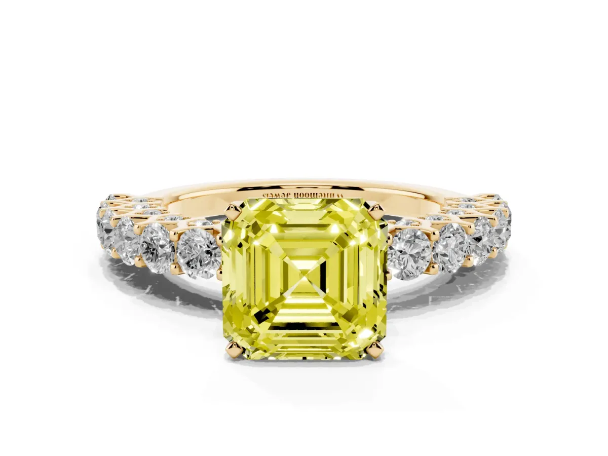 Fancy Yellow Asscher Cut Diamond Solitaire Ring with Shared Prong Pavé Band and Four-Prong Setting Yellow gold