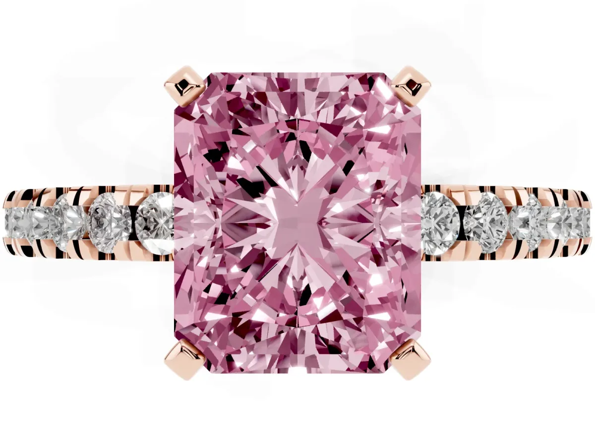 Fancy Pink Radiant Cut Solitaire Diamond with Pavé Band and Four-Prong Setting Rose gold
