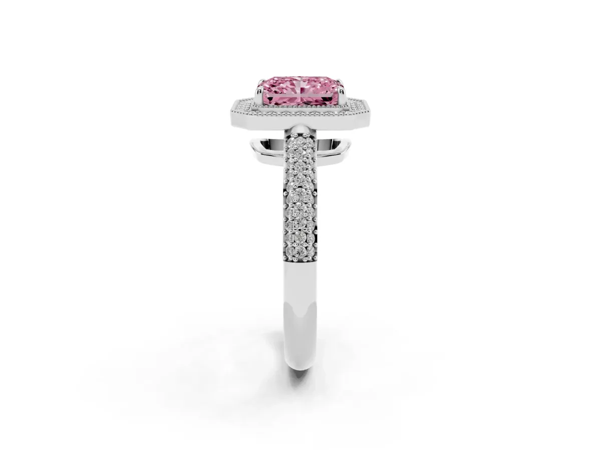 Fancy Pink Radiant Cut Cut Halo Diamond Pave Band with Four-Prong Setting Platinum