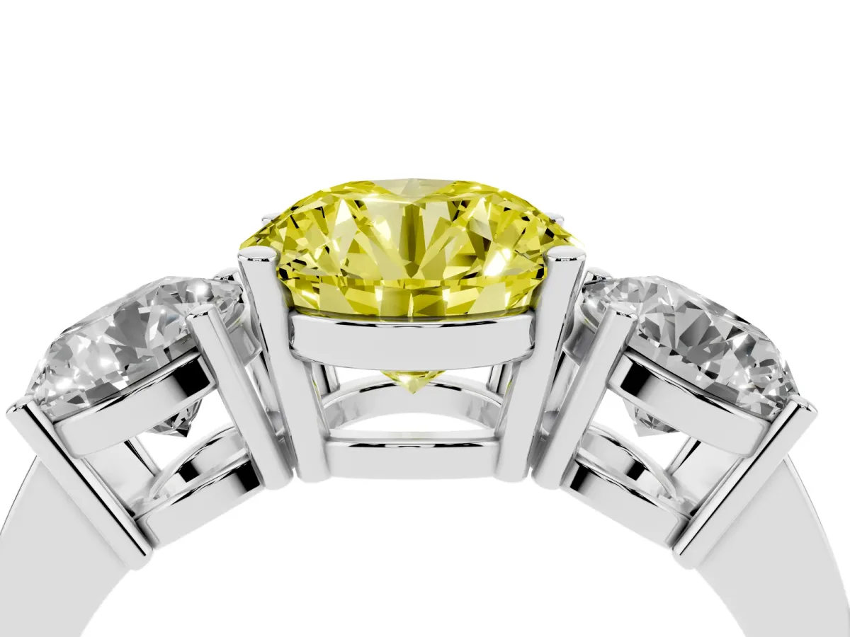 Fancy Yellow Three-Stone Round Cut Cut Diamond Engagement Ring with Flat Band and Four-Prong Setting Silver