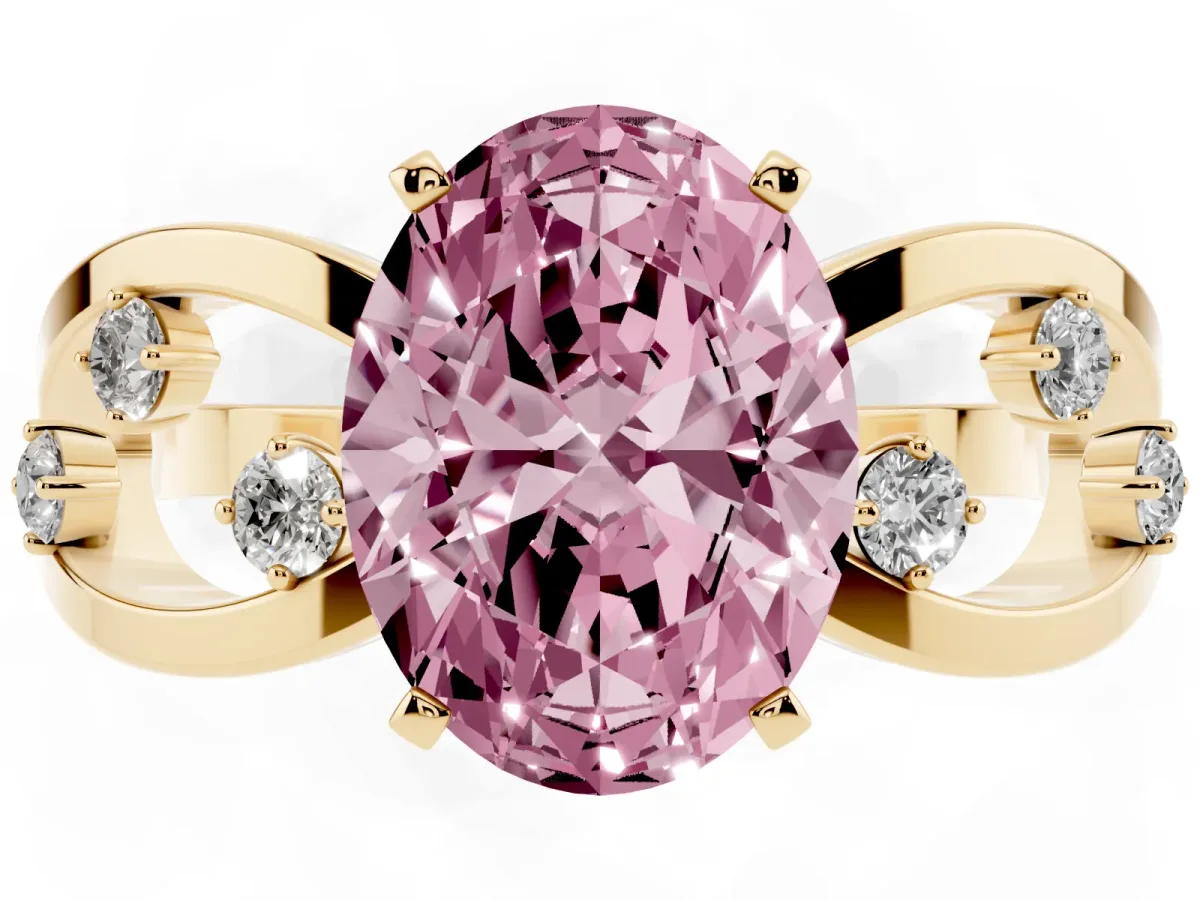 Fancy Pink Oval Cut Cut Solitaire Diamond with Side Stones on Criss-Cross Band and Four-Prong Setting Yellow gold