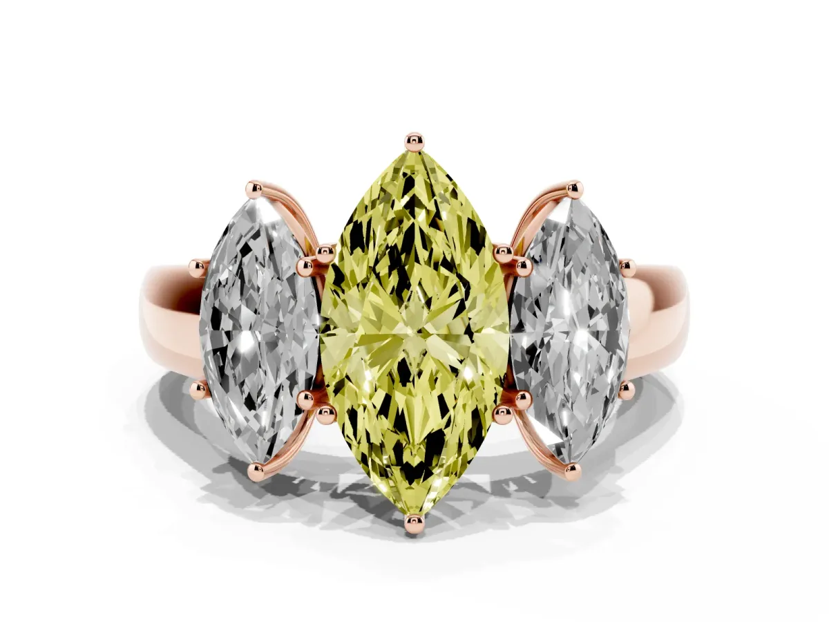 Fancy Yellow Three-Stone Marquise Cut Cut Diamond Ring with Prong Setting and Classic Band Rose gold