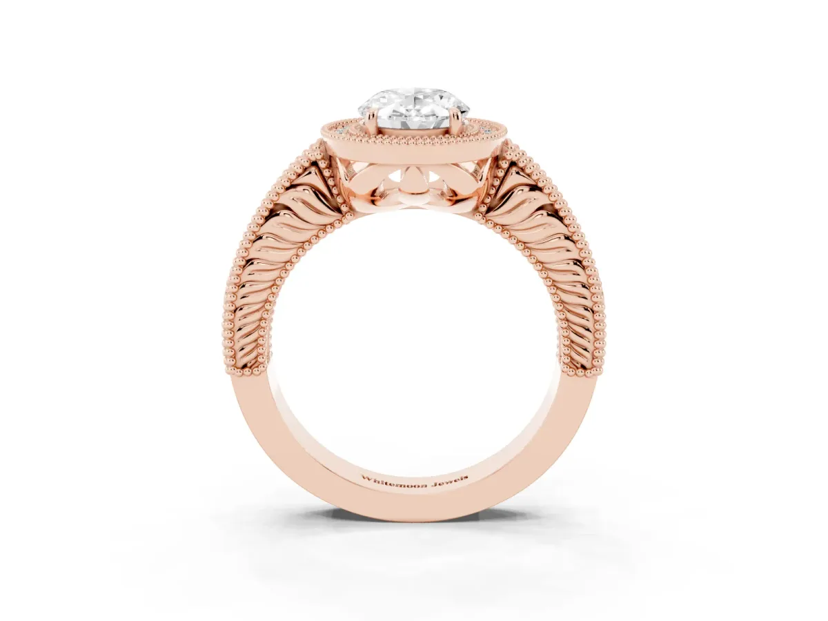 Oval Cut Cut Halo Diamond Ring with Pavé Band and Four-Prong Setting Rose gold