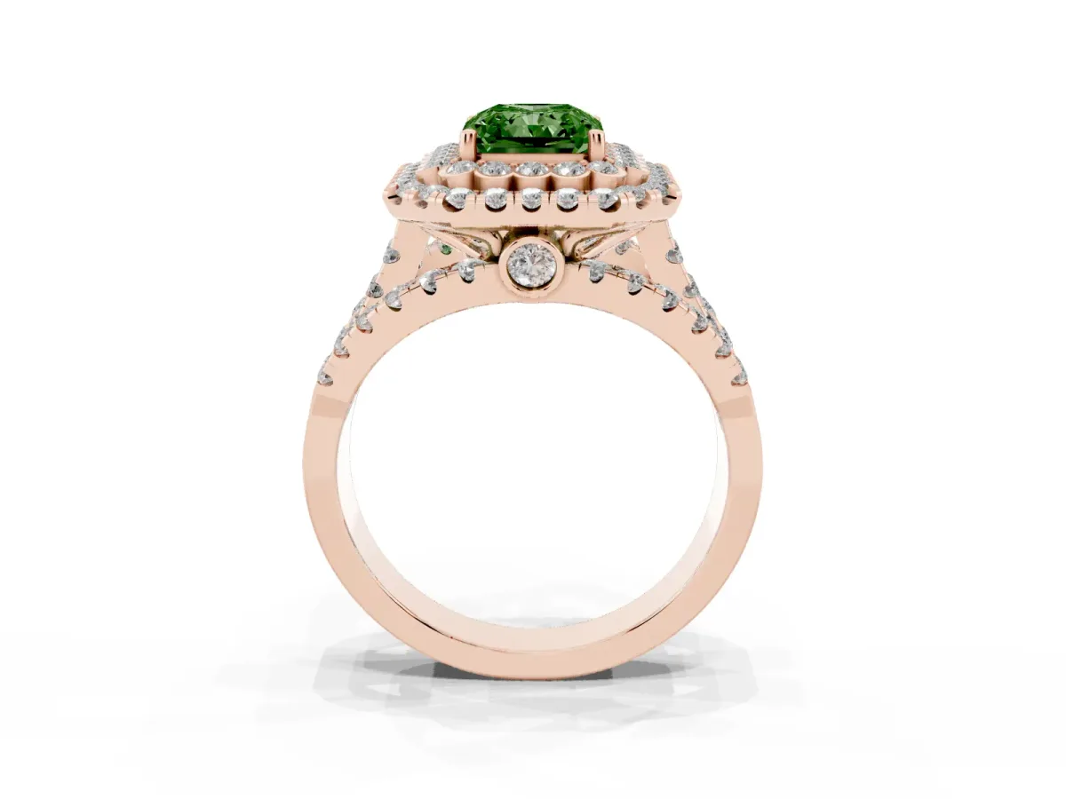 Fancy Green Radiant Cut Diamond Double Halo Ring with Round Pavé Split Shank and Prong Setting Rose gold