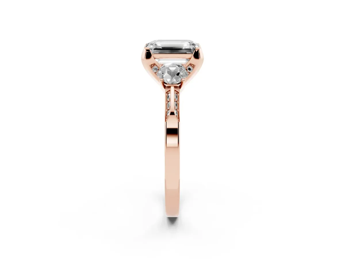 Fancy Green Emerald Cut Brilliant Three-Stone Diamond Ring with Pavé Band and Four-Prong Setting Rose gold