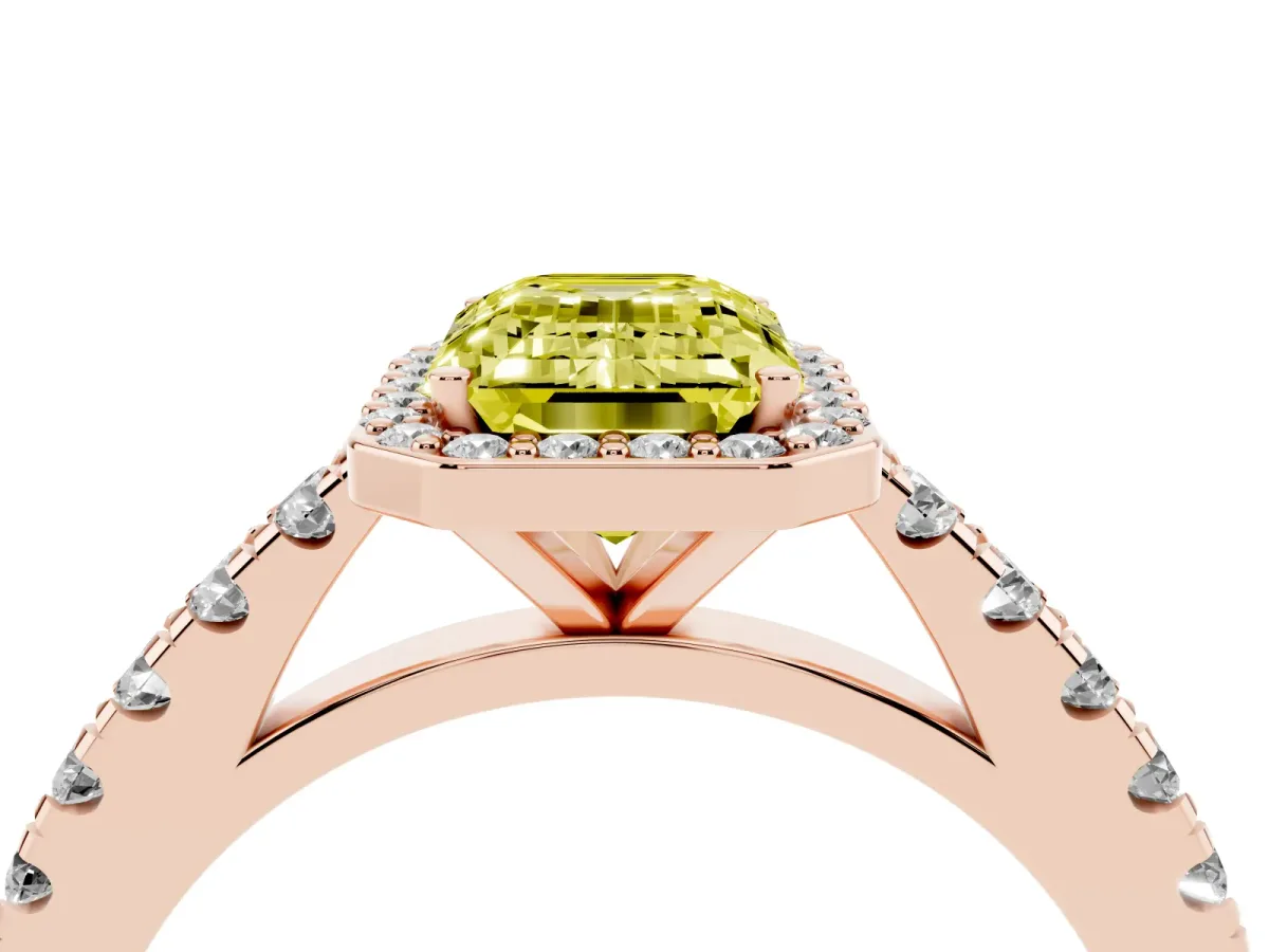 Fancy Yellow Emerald Cut Cut Halo Diamond Engagement Ring with Pave Band and Four-Prong Setting Rose gold
