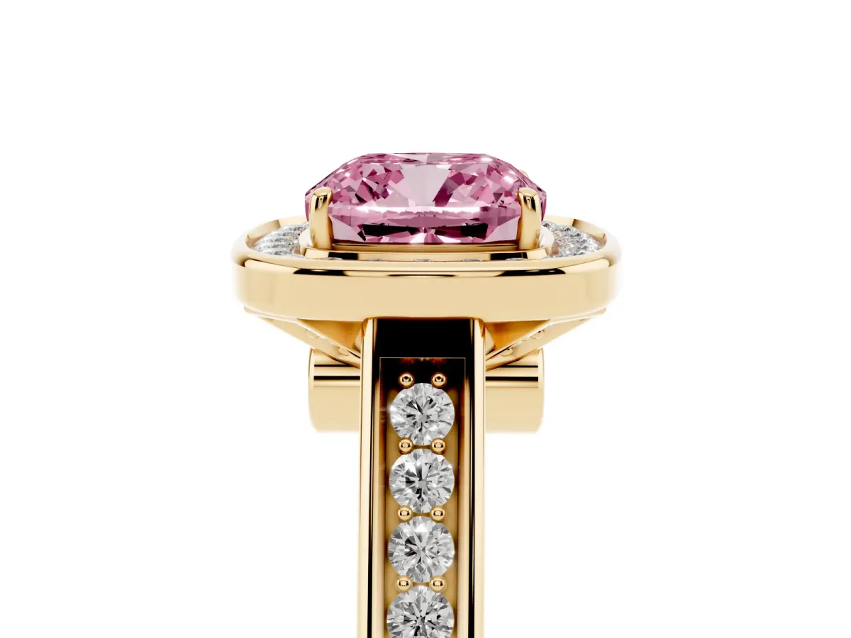 Fancy Pink Cushion Cut Halo Solitaire Diamond Ring with Pave Band and Bezel Setting Yellow gold