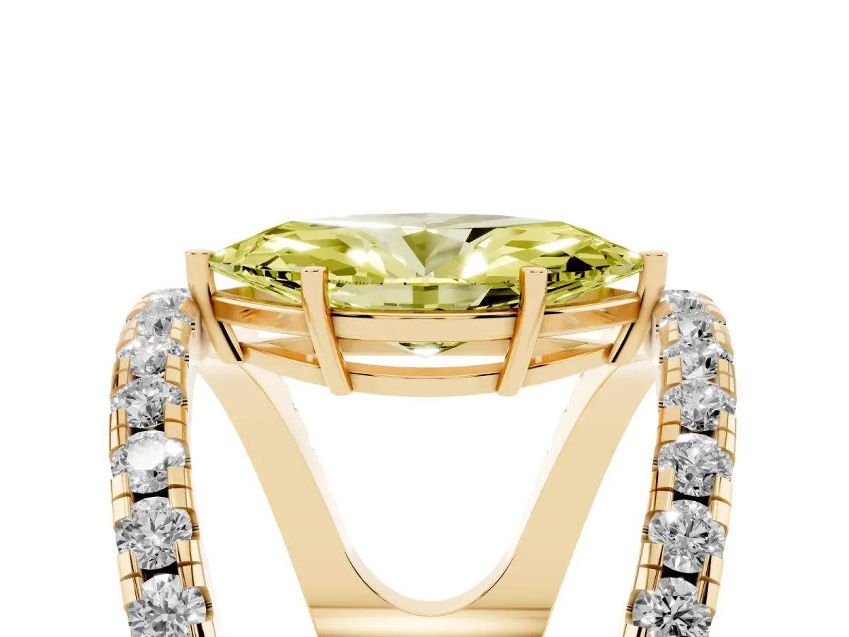 Fancy Yellow Marquise Cut Solitaire Split Shank Pave Diamond Ring Yellow gold