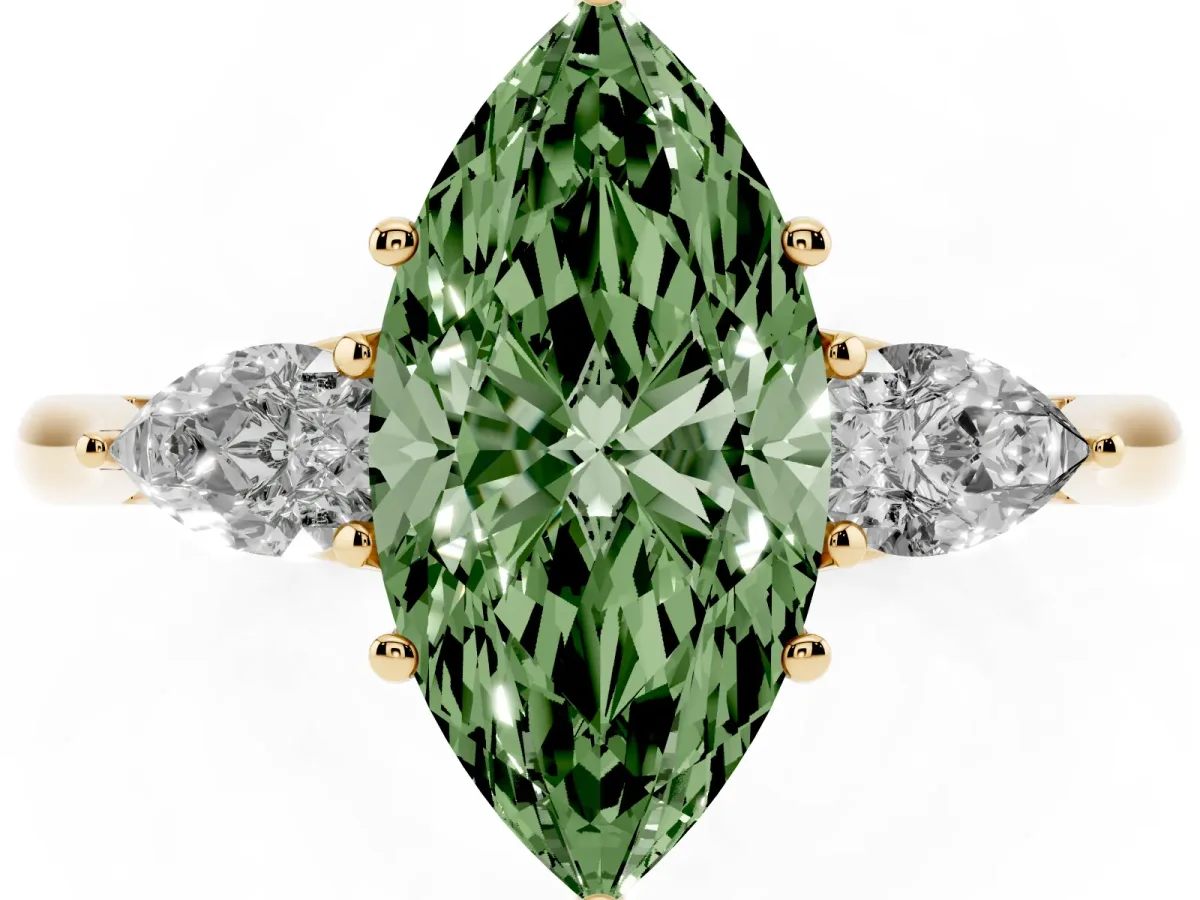 Fancy Green Three-Stone Marquise Cut Brilliant Diamond Solitaire Ring with Tapered Band and Four-Prong Setting Yellow gold