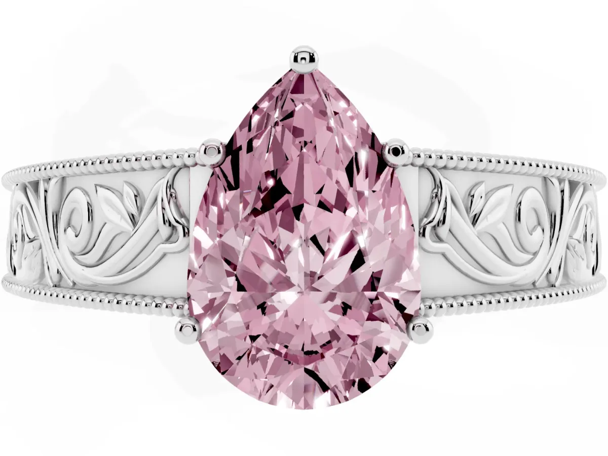 Fancy Pink Pear Cut Diamond Solitaire Ring with Engraved Band and Four-Prong Setting Silver