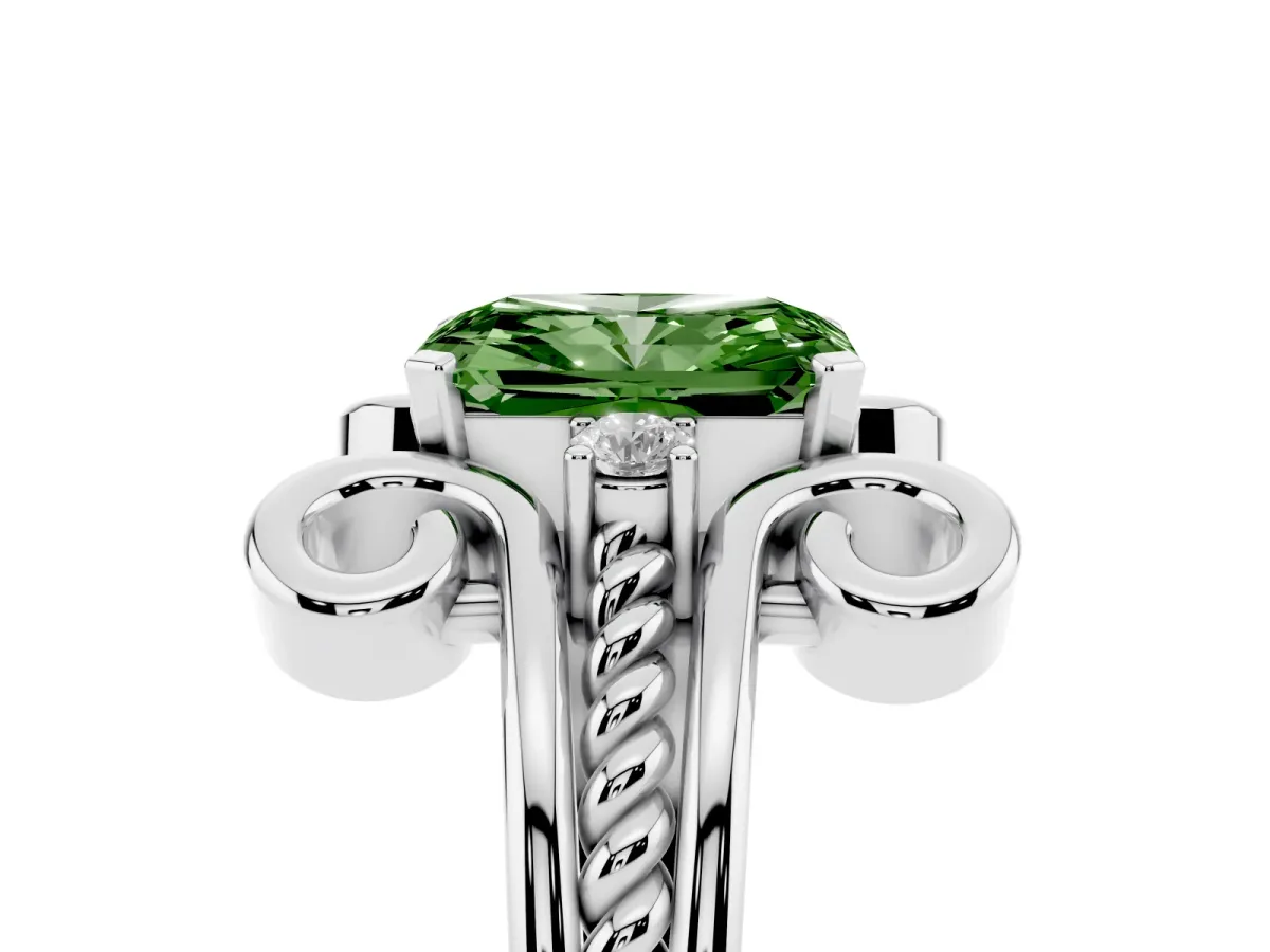 Fancy Green Radiant Cut Solitaire Twisted Band Scroll Prong Ring Silver