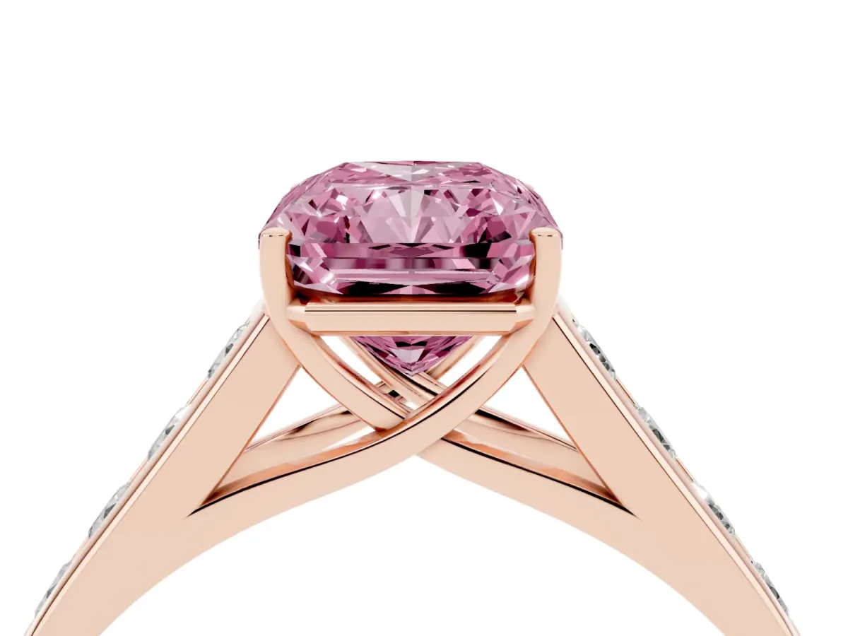 Fancy Pink Radiant Cut Brilliant Channel-Set Solitaire Ring with Four-Prong Setting Rose gold