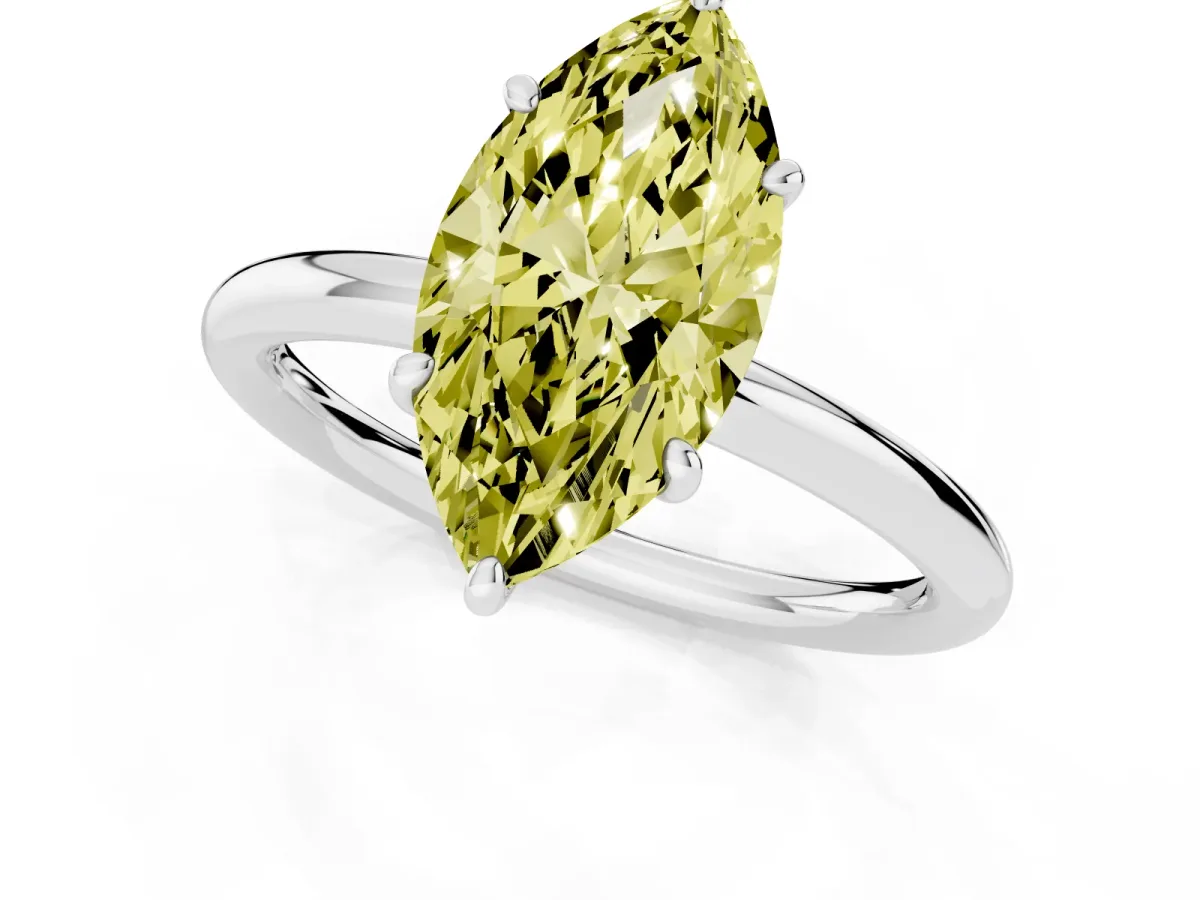 Fancy Yellow Marquise Cut Solitaire Diamond Ring with Four-Prong Setting on a Plain Band Platinum
