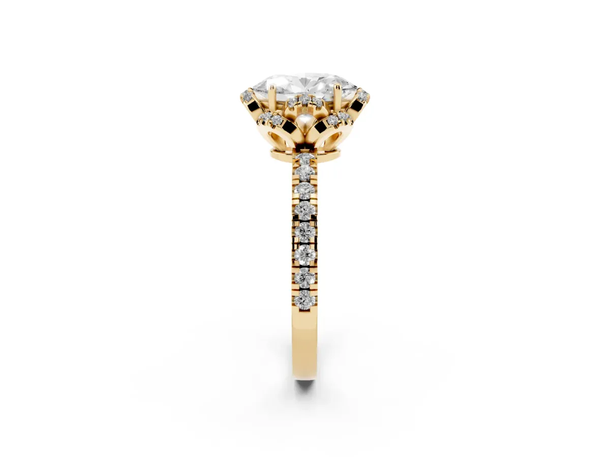 Oval Cut Diamond Halo Pave Band with Four-Prong Setting Yellow gold
