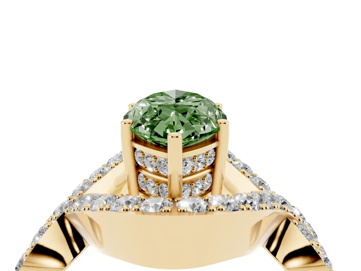 Fancy Green Marquise Cut Solitaire Twist Band Pavé Diamond Engagement Ring Yellow gold