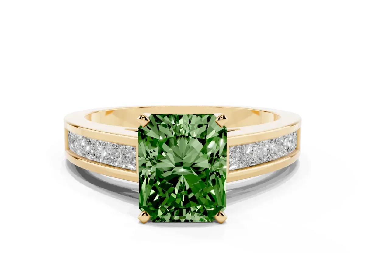 Fancy Green Radiant Cut Solitaire Diamond Ring with Channel-Set Band and Four-Prong Setting Yellow gold