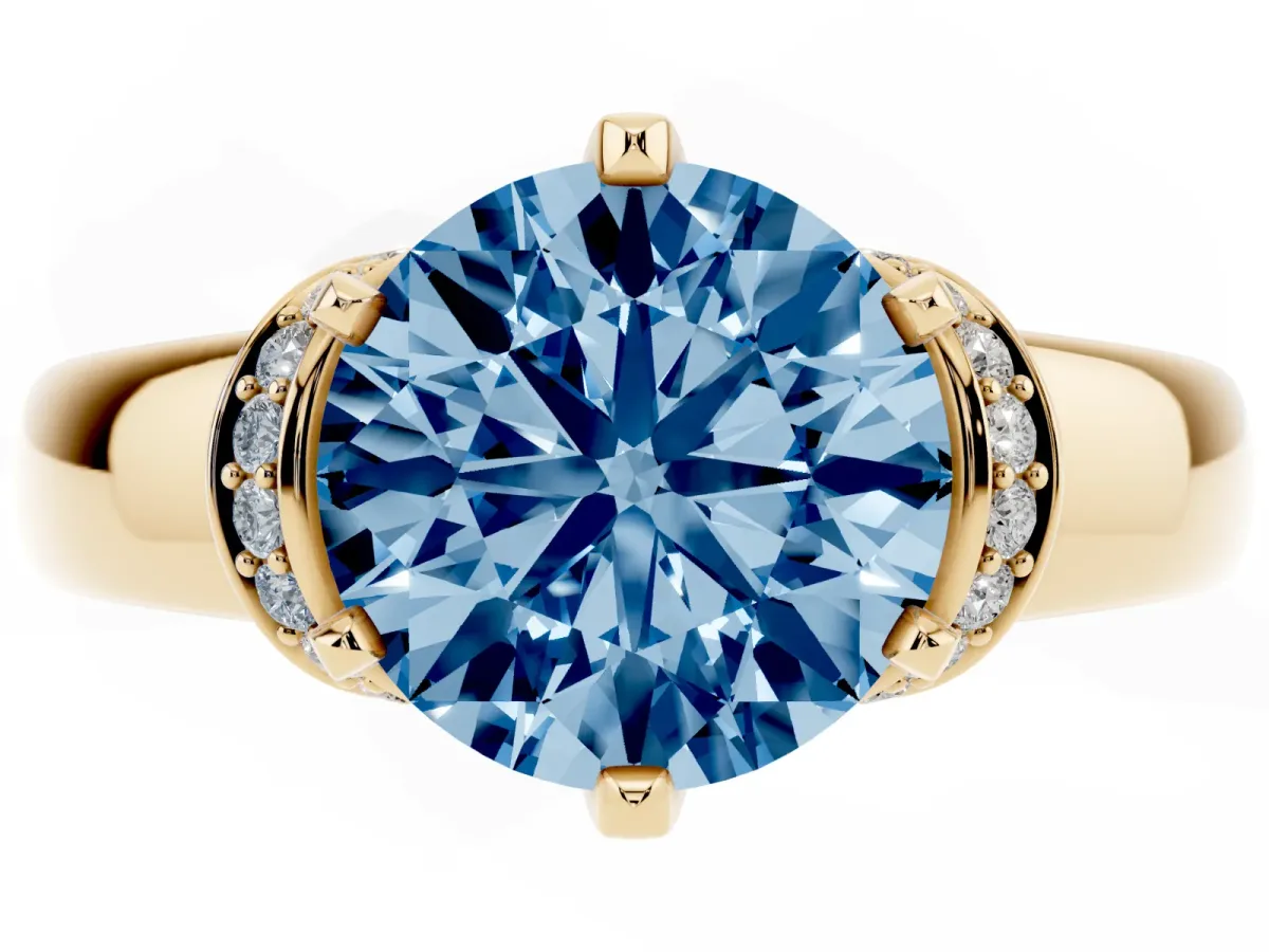 Fancy Blue Round Cut Solitaire Diamond Ring with Pave Band and Six-Prong Setting Yellow gold
