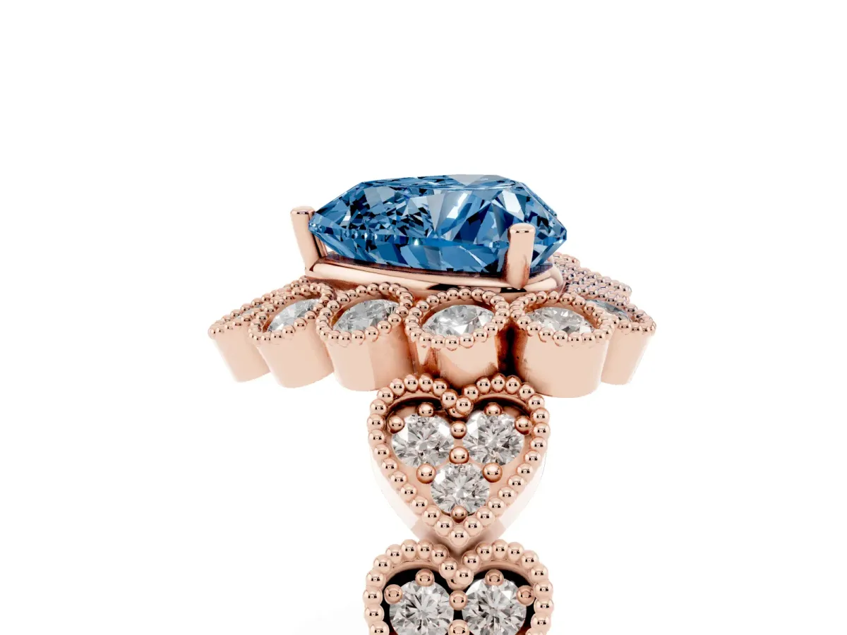 Fancy Blue Heart Cut Brilliant Milgrain Pave Heart Band Solitaire Ring Rose gold