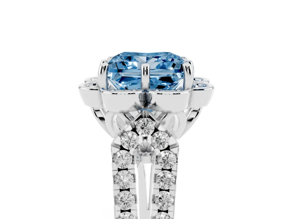 Fancy Blue Princess Cut Halo Diamond Floral Split Shank Engagement Ring Silver