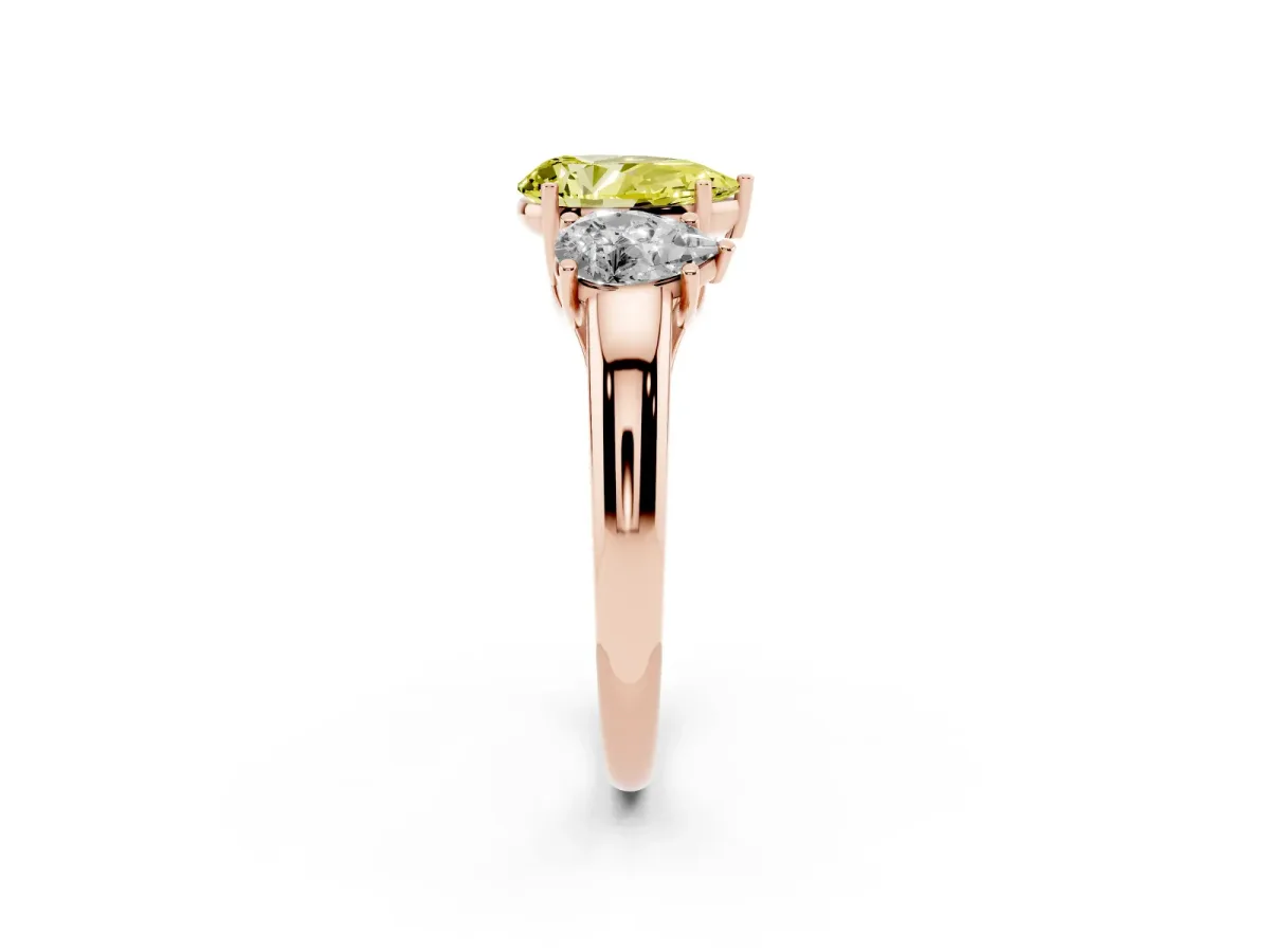 Fancy Yellow Three-Stone Pear Cut Diamond Engagement Ring with Prong Setting Rose gold