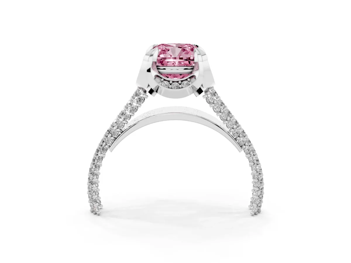 Fancy Pink Cushion Cut Solitaire Pave Split Shank Ring with Four-Prong Setting Silver