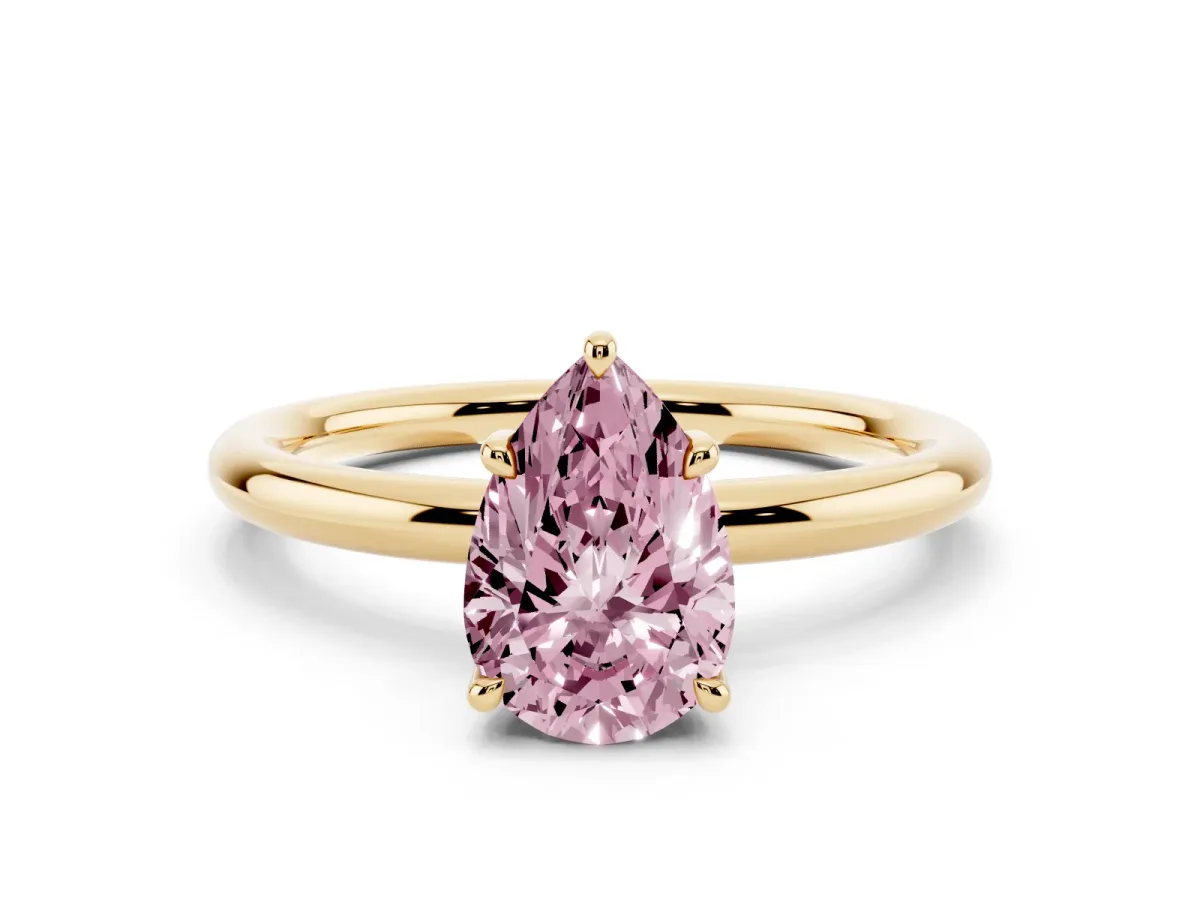 Fancy Pink Pear Cut Diamond Solitaire Ring with Thin Band and Four-Prong Setting Yellow gold