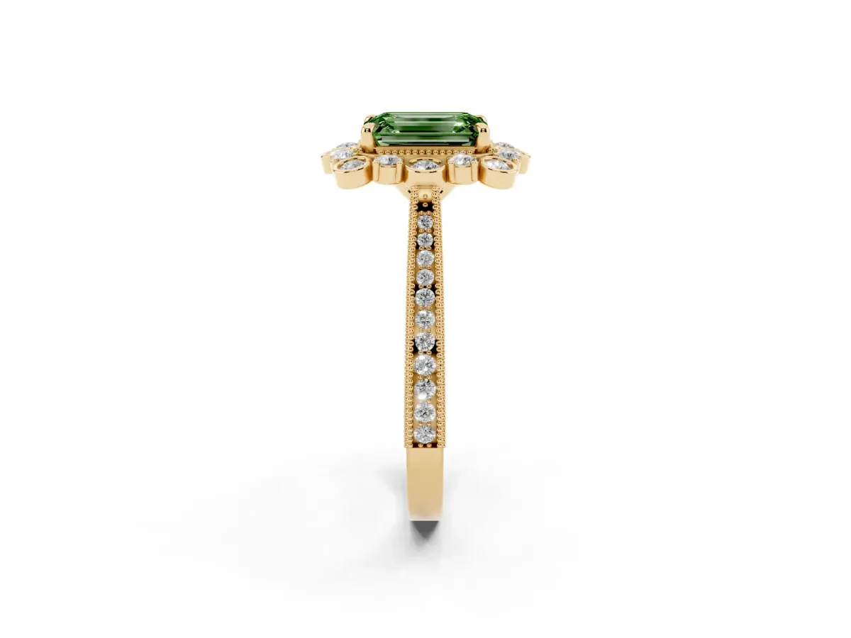 Fancy Green Emerald Cut Halo Milgrain Pave Diamond Ring with Four-Prong Setting Yellow gold