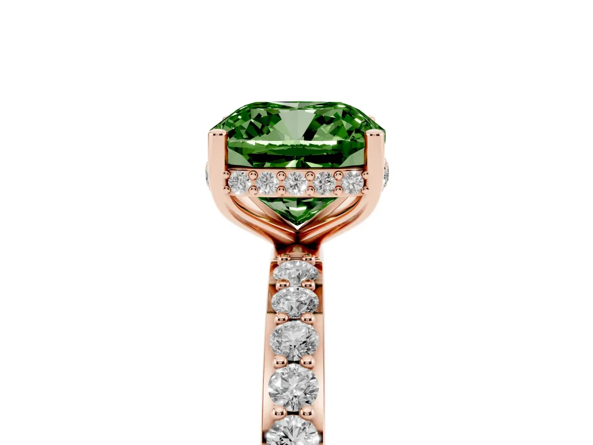 Fancy Green Cushion Cut Diamond Solitaire Ring with Pavé Band and Hidden Halo Rose gold